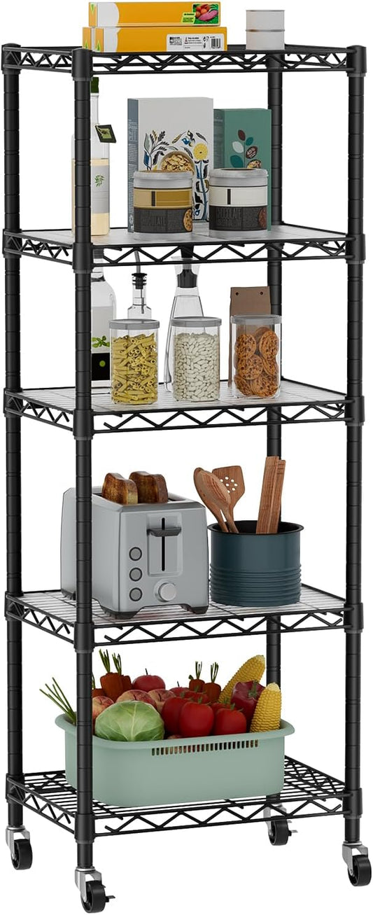 Golpart Small 5 Tier Shelves Storage Wire Shelving Unit Metal Shelf Adjustable Organizers Storage Shelving with Wheels for Bathroom Laundry Room Kitchen Pantry12\u201DD x 18\u201DW x 57.2\u201DH Black