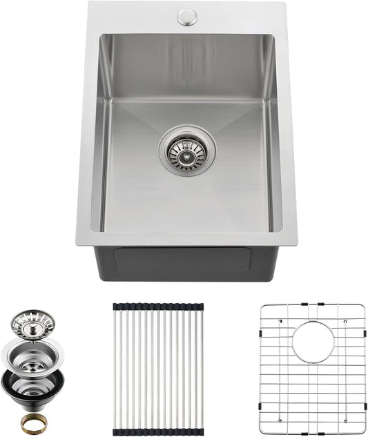 EcoChannels Drop In Kitchen Sink, 15 x 20 x 10 Inch 16 Gauge Single Bowl Topmount Wet Bar Sink T-304 Stainless Steel RV Kitchen Sinks