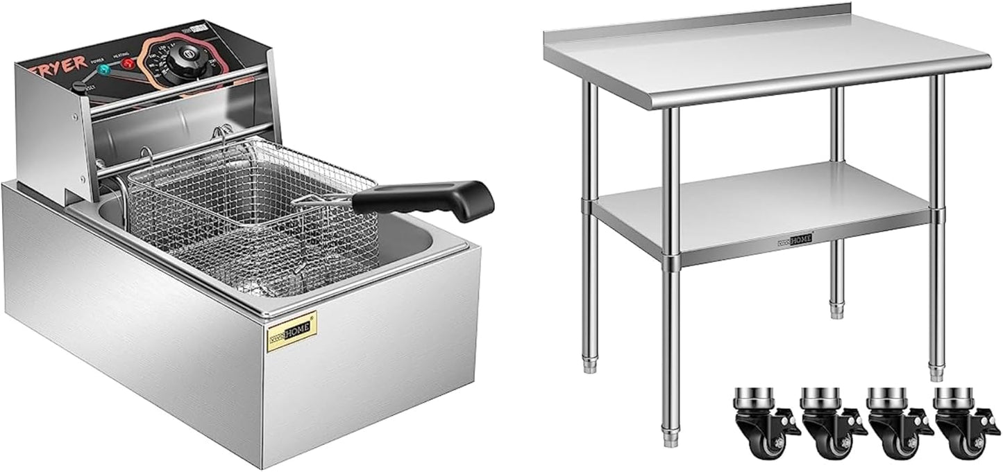 VIVOHOME 2500W 10.6 QT Electric Deep Fryer with 6.3 QT Removable Basket with VIVOHOME 24 x 36 Inch Stainless Steel Work Table with Backsplash, Food Prep Commercial Table with Wheels