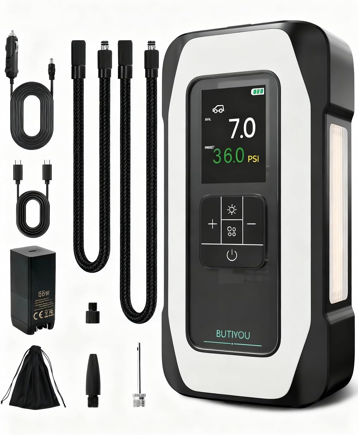 BY01 Tire Inflator Portable Air Compressor for Large Tires,Smart Air Pump with Dual Cylinder,Clourful Digital Sceen,Atuo Stop,150PSI Electric 16000mAh Cordless 12V Corded Dual-Use