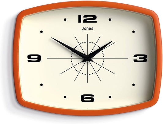 JONES CLOCKS® Movie Wall Clock | Rectangular Retro Clock | 10 inch | Orange | Cool mid-Century Designer Look for Kitchen, Living Room or Office