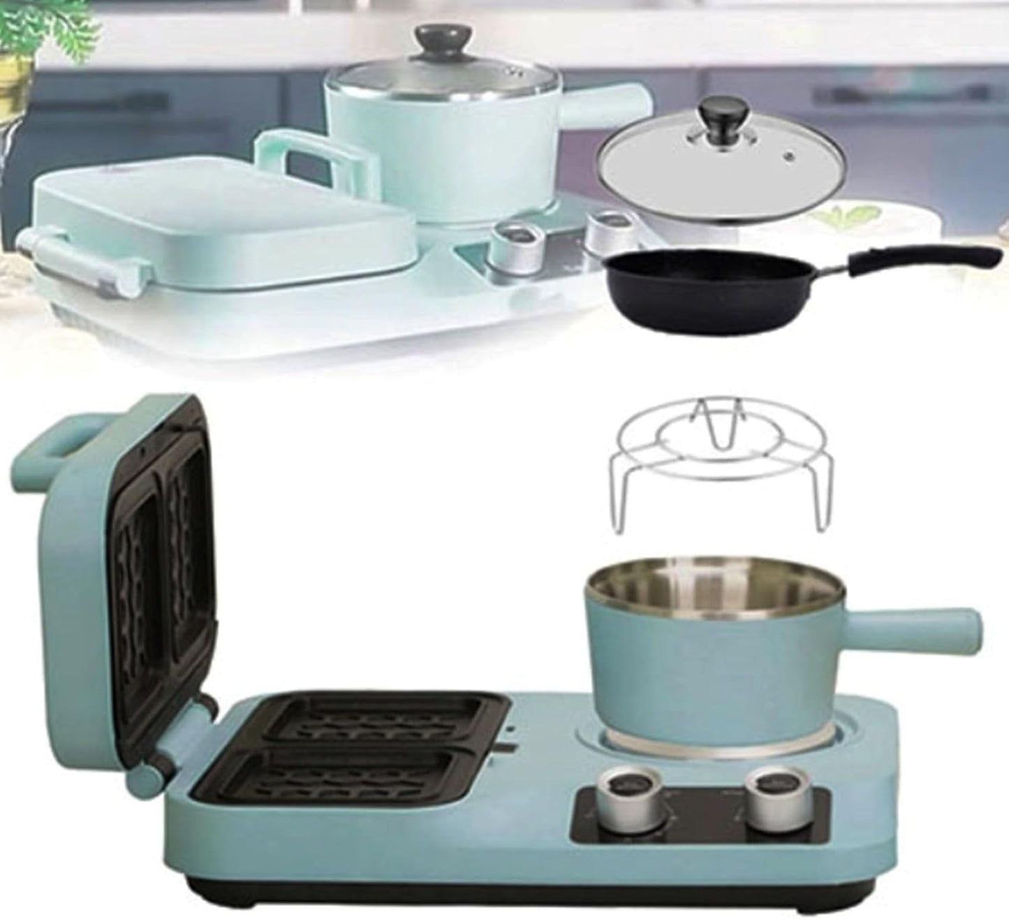 4In1 Breakfast Maker Station, 800W Electric Sandwich Breakfast Machine with Non Stick Griddle, Breakfast Machine for Bacon, Ham, Sausage, Hashbrowns