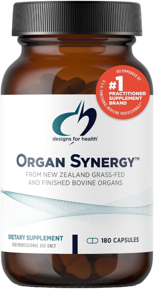 Designs for Health Organ Synergy - Bovine Organ Supplements - 100% GrassFed Beef Organs with Liver, Heart, Pancreas, Kidney + Spleen (180 Capsules / 30 Servings)