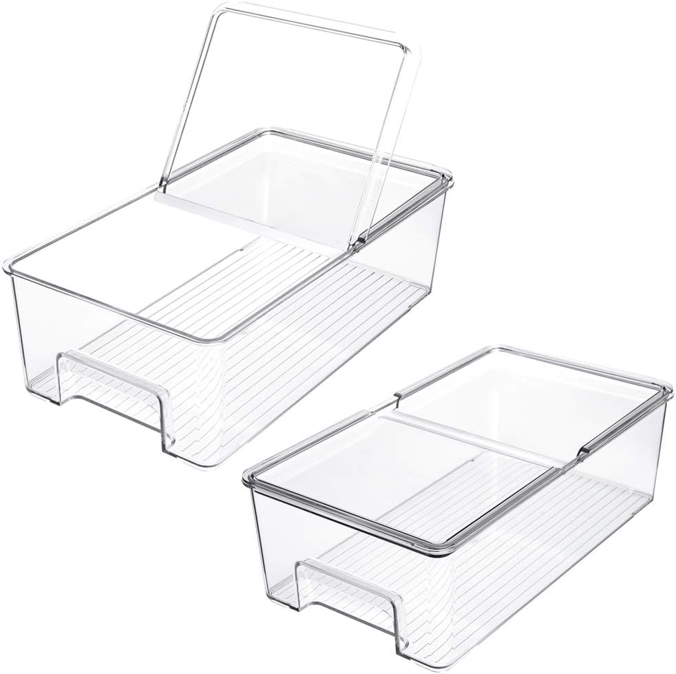 SANNO Vegetable Refrigerator Organizer Food Bins with lids Large Stackable Fridge Clear Organizers Kitchen Cabinet Organizer for Freezer, Kitchen, Countertops, Cabinets Pantry Storage Bins，set of 2