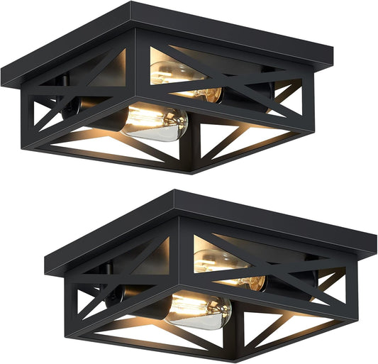 SKEJAO Black Flush Mount Ceiling Light Fixture,2-Light Square Hallway Light Fixtures Ceiling,Light Fixtures Ceiling Mount for Farmhouse,Kitchen,Hall,Bedroom (2 Pack)