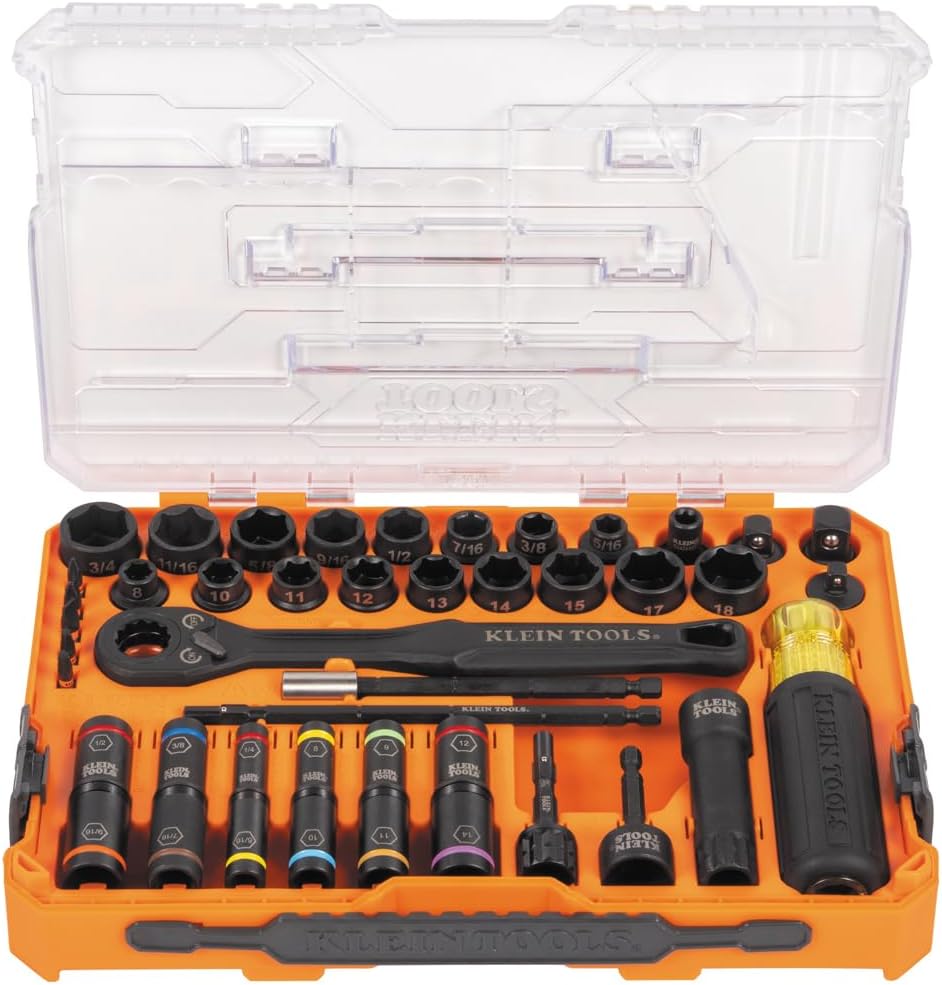 Klein Tools 65500KNECT KNECT Impact Socket Set, SAE and Metric Pass Through Socket Set, 90-Tooth Ratchet, MODbox Case, SAE, Metric, Screwdriver Handle, Bits, 39-Piece