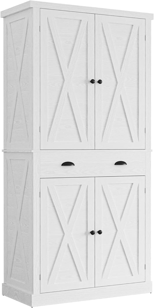 IRONCK Kitchen Pantry Storage Cabinet 72.6" H, with Barn Doors, Drawer, 4 Adjustable Shelves, Freestanding Cupboard, Laundry, White