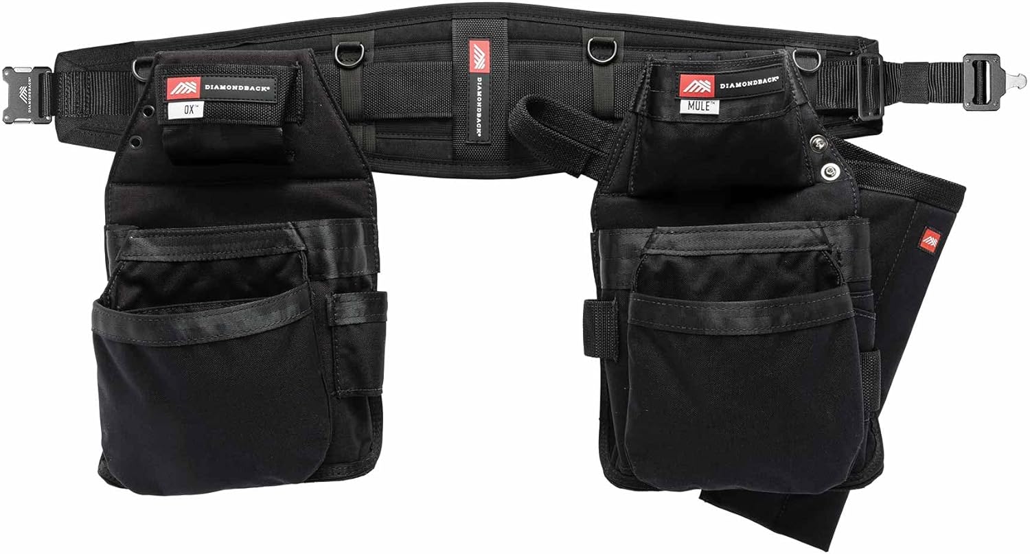 The Diamondback GRRande 2.0 Toolbelt System, Right Handed, Black, Large | For Carpenter Framer Roofer | Padded 5 pockets, 13 slots, 2 loops | Holds Drill Bit Index, Speed Square, Measuring Tape