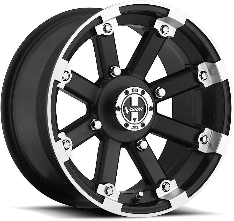 VISION WHEEL - 393 lock out - 12 Inch Rim x 8 - (4x115) Offset (-10.2) Wheel Finish - matte black machined lip with chrome hex bolt inserts