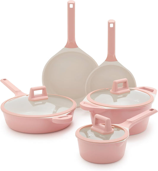 GreenLife 8 Piece Ceramic Nonstick Cookware Set, Induction Suitable Non Toxic PFAS-Free Pots & Pans, Dishwasher Safe, Cooking Set, Stock Pot, Saucepans & Frying Pans, Kitchen Cooking, Light Pink
