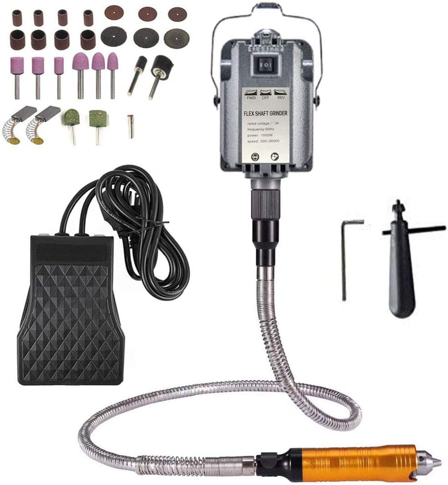 VOTOER 1000W Rotary Tool Flex Shaft Electric Hanging Grinder Carver, Forward and Reverse Rotation, Multi-Function Metalworking Jewelry Repair Kit, Foot Pedal Control, Metal Flexible Shaft, 30000 RPM