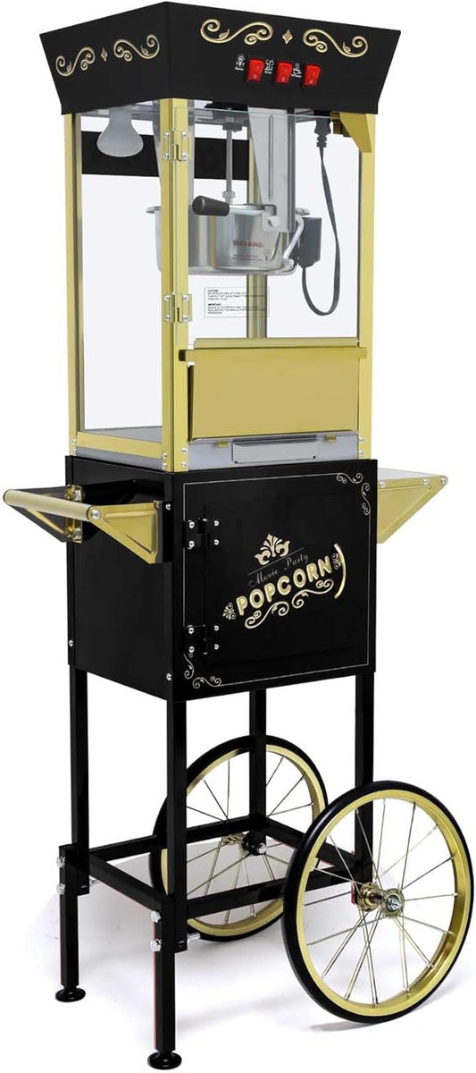 Vintage Popcorn Machine with Cart, 6oz Popcorn Cart, Popcorn Maker with Storage Cabinet, Suitable for Home Movie Theater Commercial (Black, 12OZ)