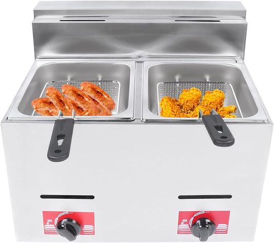 Gas Fryer, Commercial LPG Gas Deep Fryer, Double-Cylinder Gas Fryer w/ 2 Fry Baskets Countertop Kitchen Stainless Steel Frying Machine for French Fry Restaurants Supermarkets Fast Food Stands