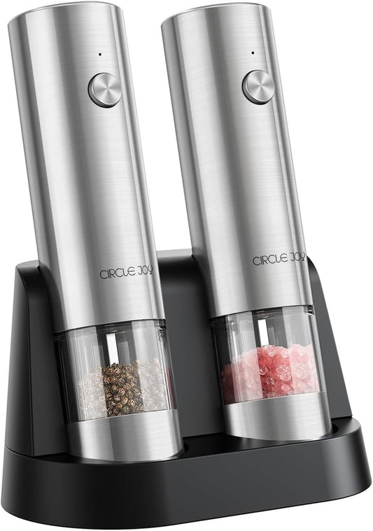 CIRCLE JOY Electric Salt and Pepper Grinder Set Stainless Steel Spice Grinder Automatic Pepper Mills with Easy-to-Carry Dual Charging Station, White Led Light, and Adjustable Coarseness, Silver
