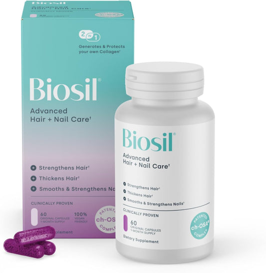Biosil Advanced Hair + Nail Care - Growth Vitamins for Women - Strengthen & Thicken Strands - 60 Capsules - Patented ch-OSA - 30-Day Supply