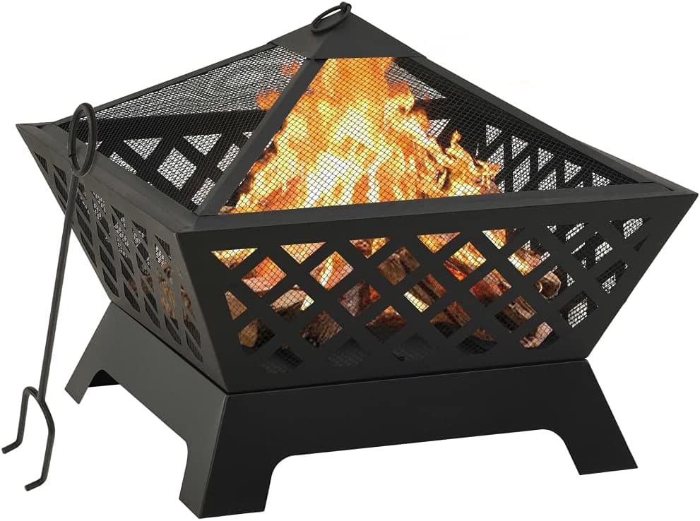 Steel Outdoor Fire Pit with Poker, 25.2" XXL Large Deep Bowl, Mesh Cover, Patio Backyard Heating, Black