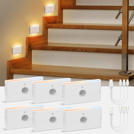 wowatt Rechargeable Motion Sensor Stair Light, White Night Lights with Magnetic Mount, Dimmable Stair Lights Indoor for Stairway, Hallway, Kitchen, Bathroom(6 Packs)