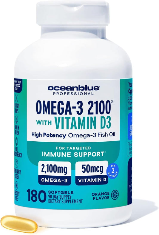 Oceanblue Professional Fish Oil with Vitamin D3 | Triple Strength 2100mg Omega 3 DPA EPA DHA | Wild Caught | Burpless Orange Flavor, 90 Servings (180 Count)