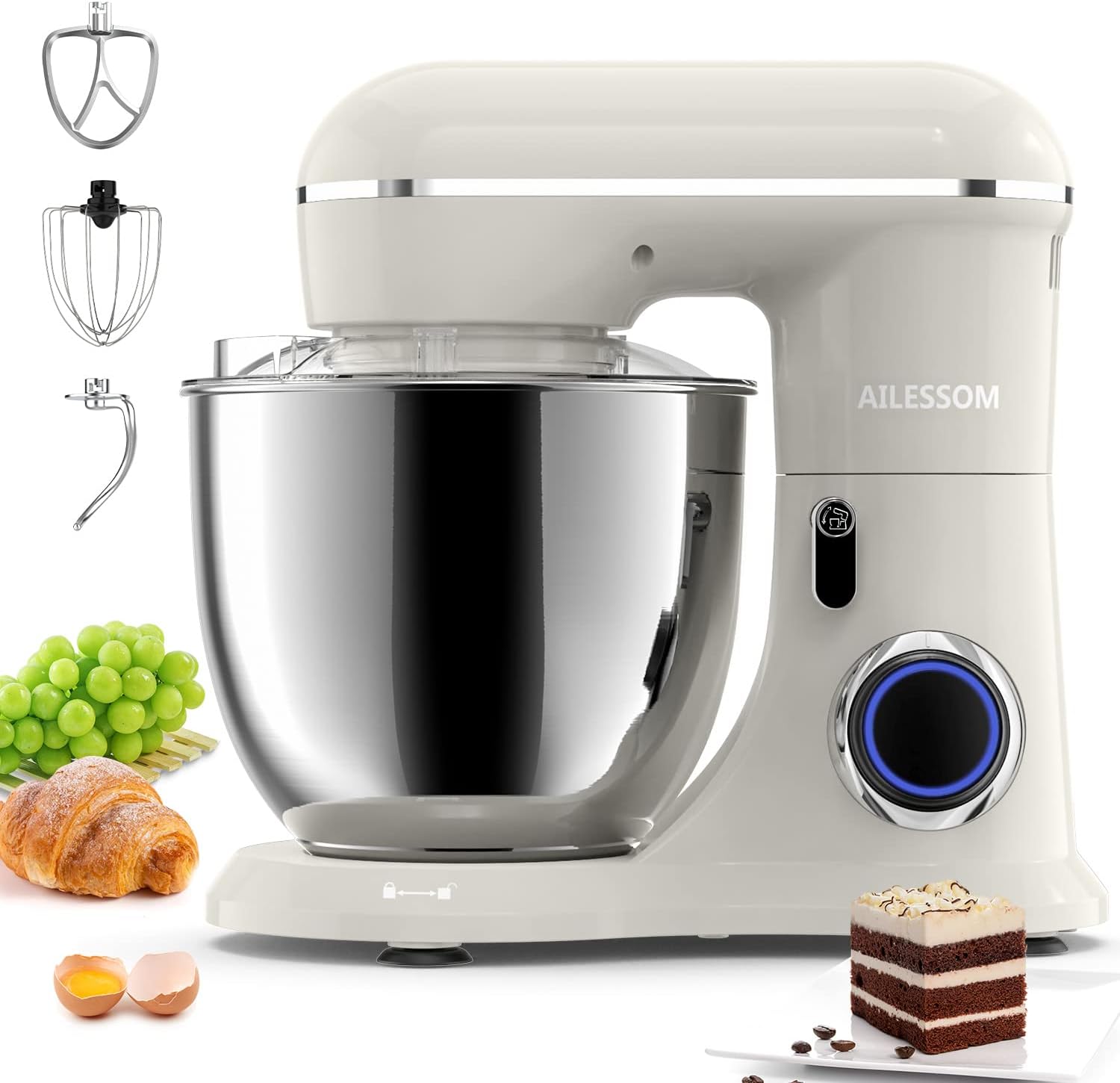 Ailessom Stand Mixer,6.5-QT 660W 10-Speed Tilt-Head Food Mixer, Kitchen Electric Mixer with Bowl, Dough Hook, Beater, Whisk for Most Home Cooks, (6.5QT, Almond Cream?…, 1533P