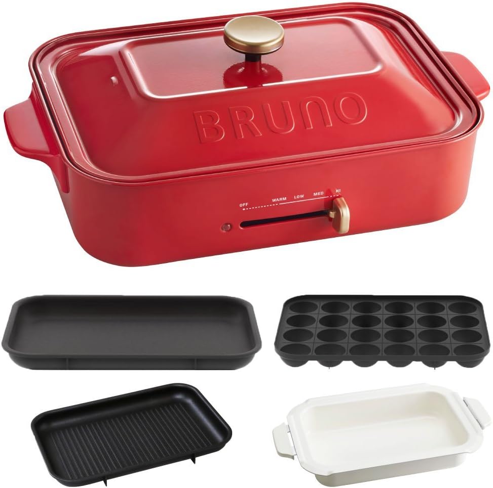 BRUNO compact hot plate + takoyaki plate + ceramic-coated pot + grill plate 4-piece set (Red)