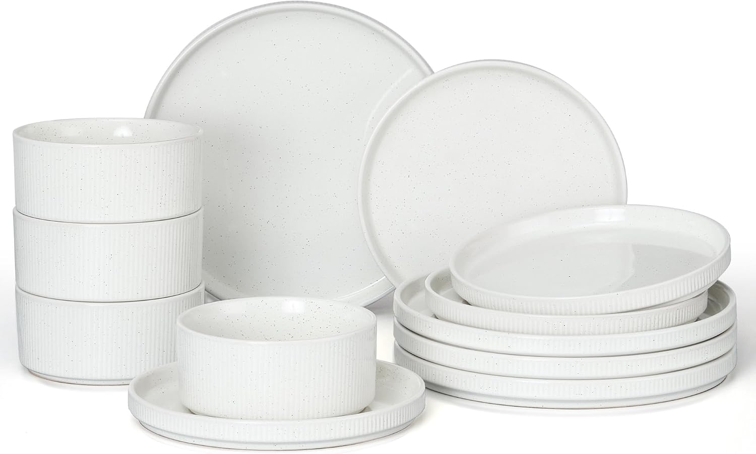 E-far 12-Piece Plates and Bowls Sets, Stoneware Dinnerware Dishes Sets for 4, Kitchen Modern Dining Dishware, Chip & Scratch Resistant, Microwave & Dishwasher Safe, Speckled White
