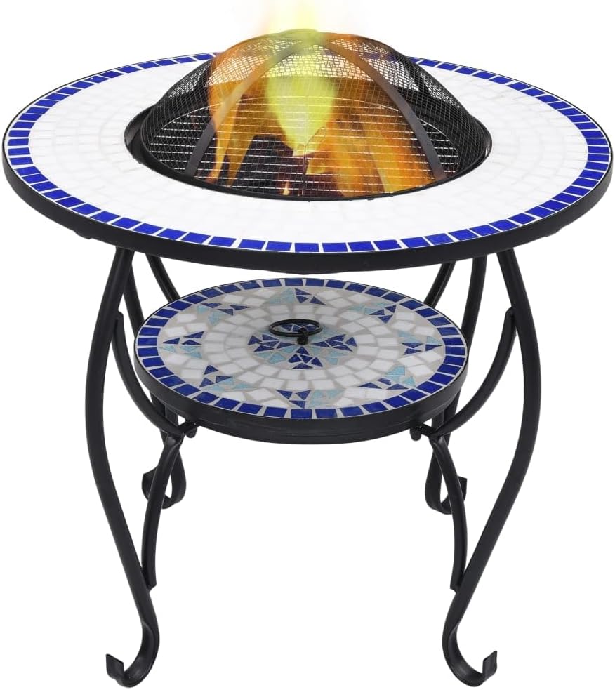 SKM Mosaic Fire Pit Table Blue and White 26.8" Ceramic,Blue (Weight 49.6KG)