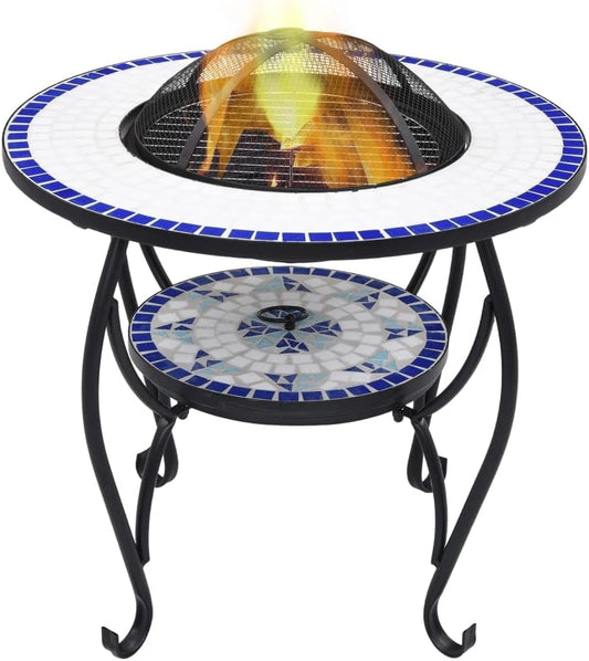 SKM Mosaic Fire Pit Table Blue and White 26.8" Ceramic,Blue (Weight 49.6KG)