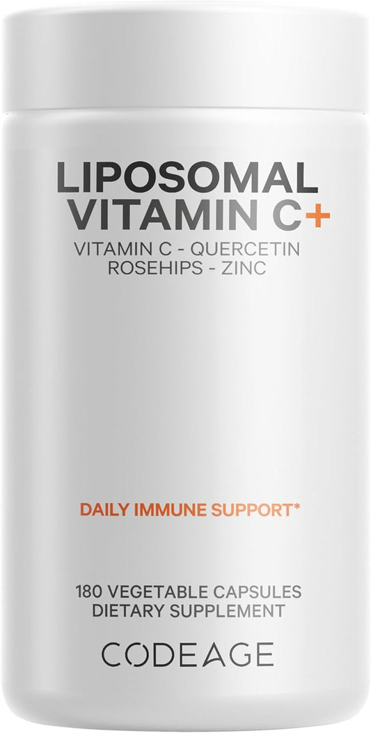 Codeage Liposomal Vitamin C 1500mg with Zinc, Elderberry, Citrus Bioflavonoids Grapefruit, Lemon, Orange Powder, Quercetin & Rose HIPS Fruit \u2013 Vegan Supplement - Non-GMO, Vegan Pills, 180 Capsules