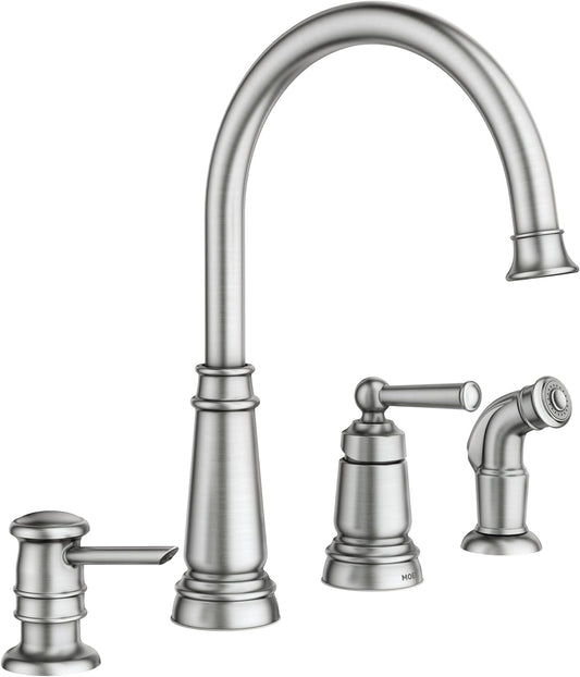 Moen 87042SRS Edison Spot Resist Stainless One-Handle High Arc 4-hole Kitchen Faucet with Side Sprayer and Soap Dispenser