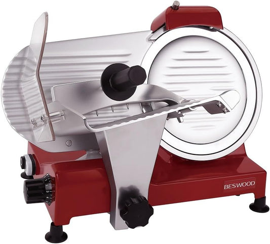 BESWOOD 10" Electric Deli Meat Slicer, Cheese Food Slicer with Premium Chromium-plated Steel Blade, for Home and Commercial use, 240W, Serving Plate included, Classic Red