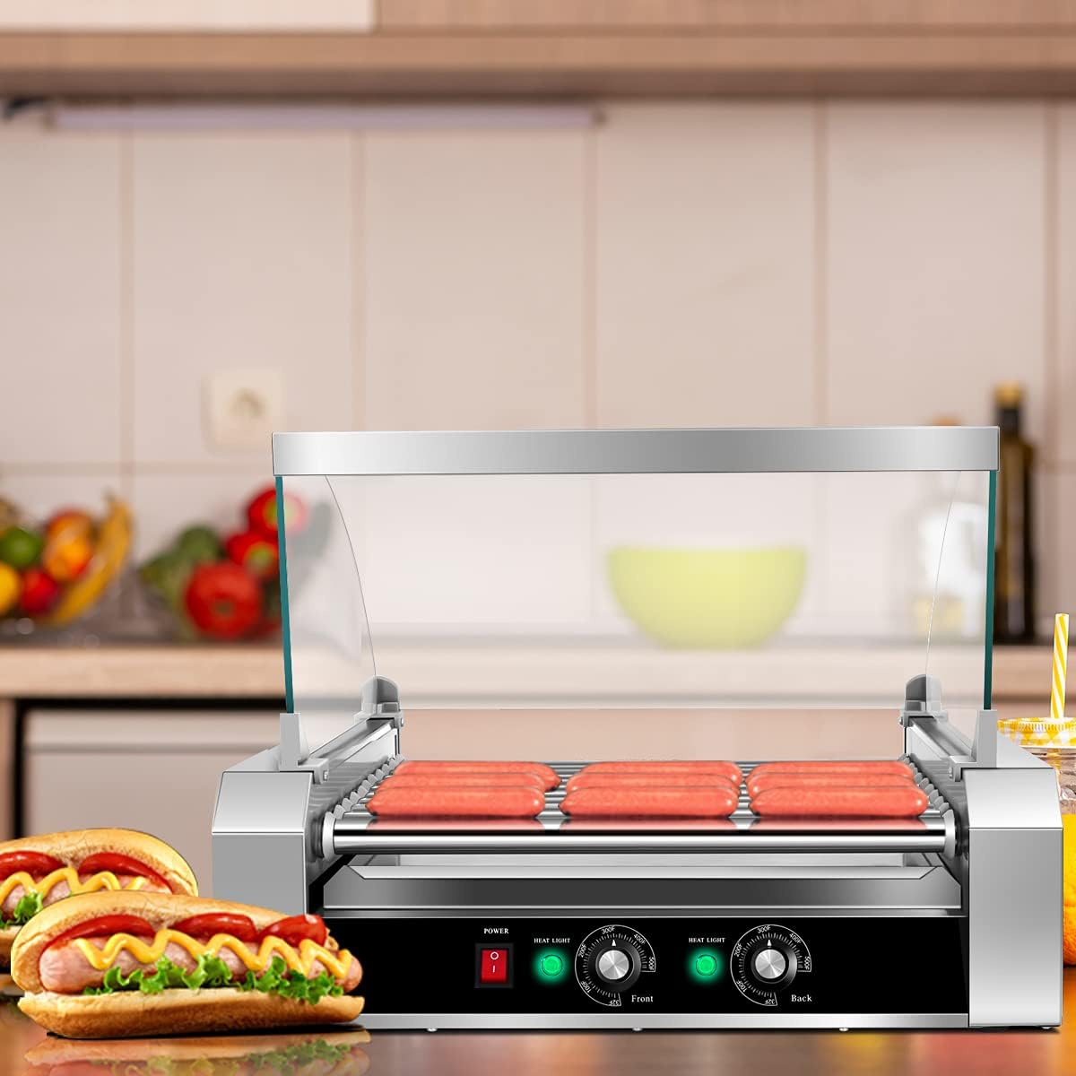 S AFSTAR Commercial 30 Hot Dog 11 Non-Stick Roller Machine, Electric Hot Dog Sausage Grill Cooker Machine with Removable Stainless Steel Drip Tray & Glass Hood Cover, Countertop Hot Dog Roller Warmer