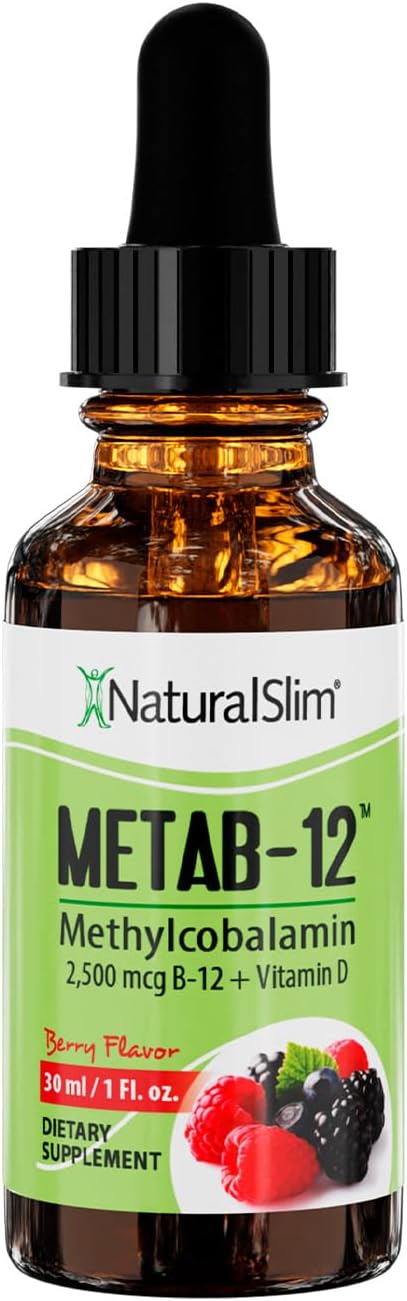 NaturalSlim Liquid B12 Vitamins with Vitamin D - Metab-12 Methylcobalamin 2500 mcg B12 Sublingual Drops for Metabolism, Energy, & Immune Support - Berry Flavor 1 fl oz