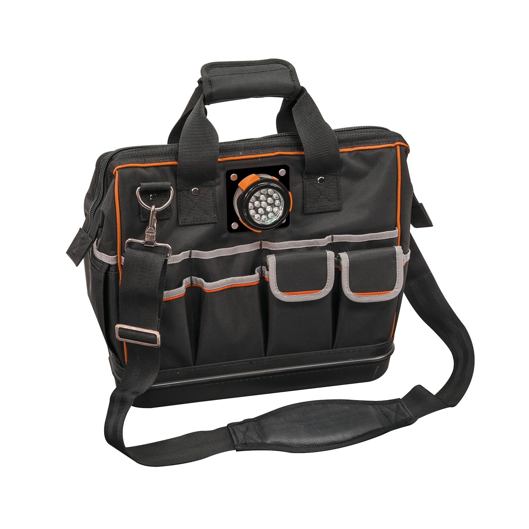 Klein Tools Tradesman Pro(TM) Lighted Tool Bag Black Ballistic Nylon 8-in Zippered Tool Bag 55431