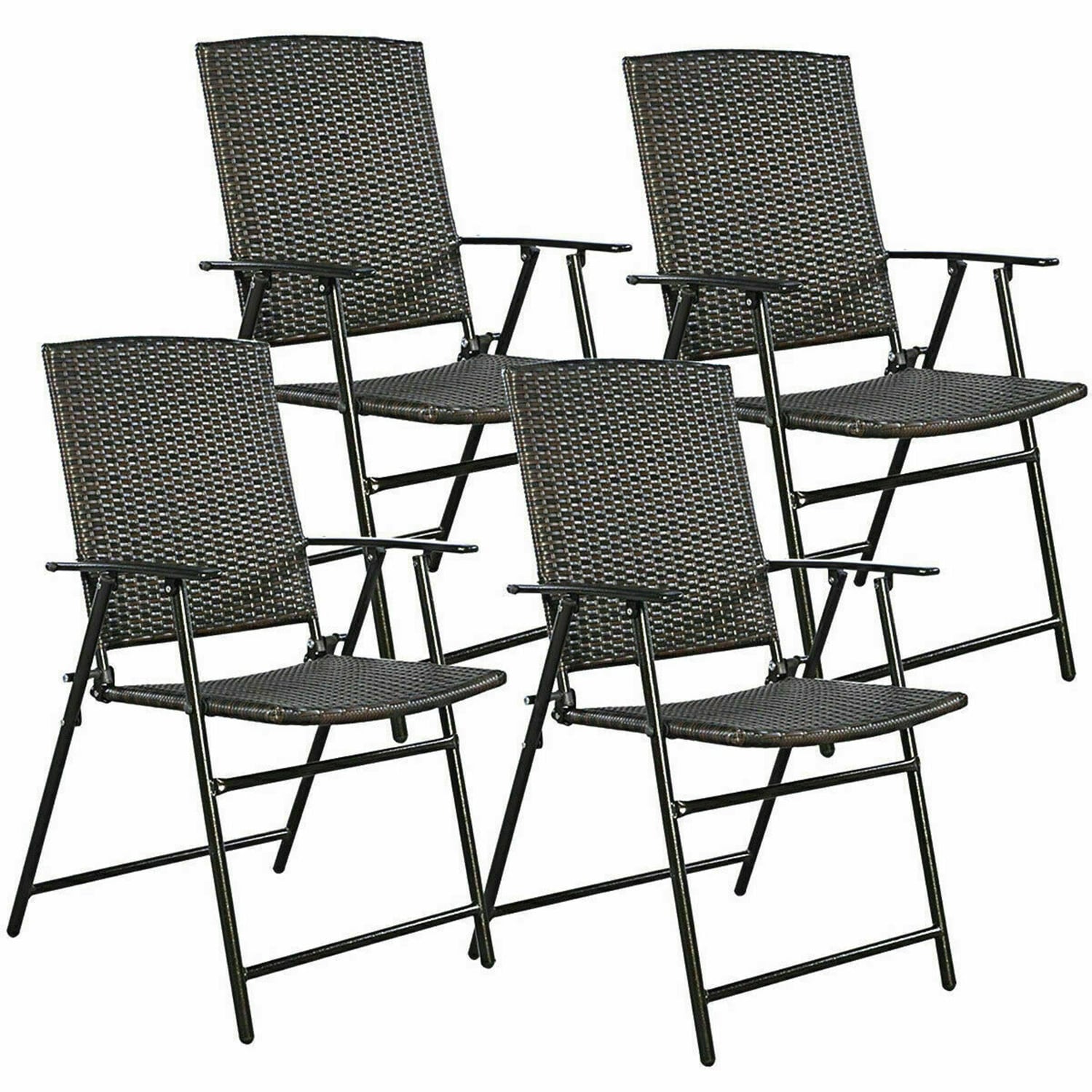WELLFOR Set of 4 Rattan Black Steel Frame Stationary Conversation Chair with Brown Woven Seat