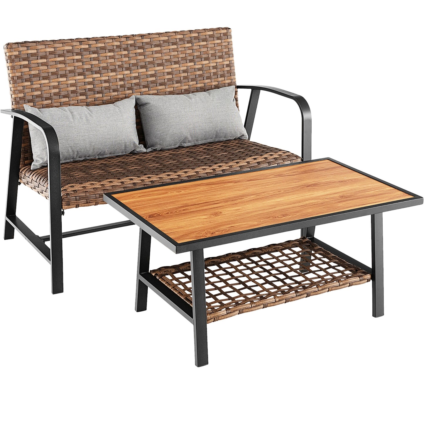 Costway 2 -Piece Rattan Patio Conversation Set with Gray Cushions