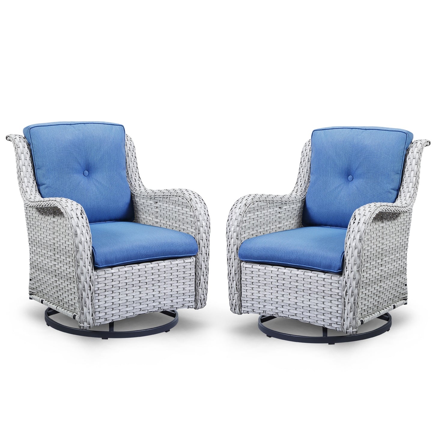 Rilyson Curved handrail Set of 2 Wicker Gray Wicker Frame Swivel rocker Rocking Chair with Navy Navy blue Cushioned Seat