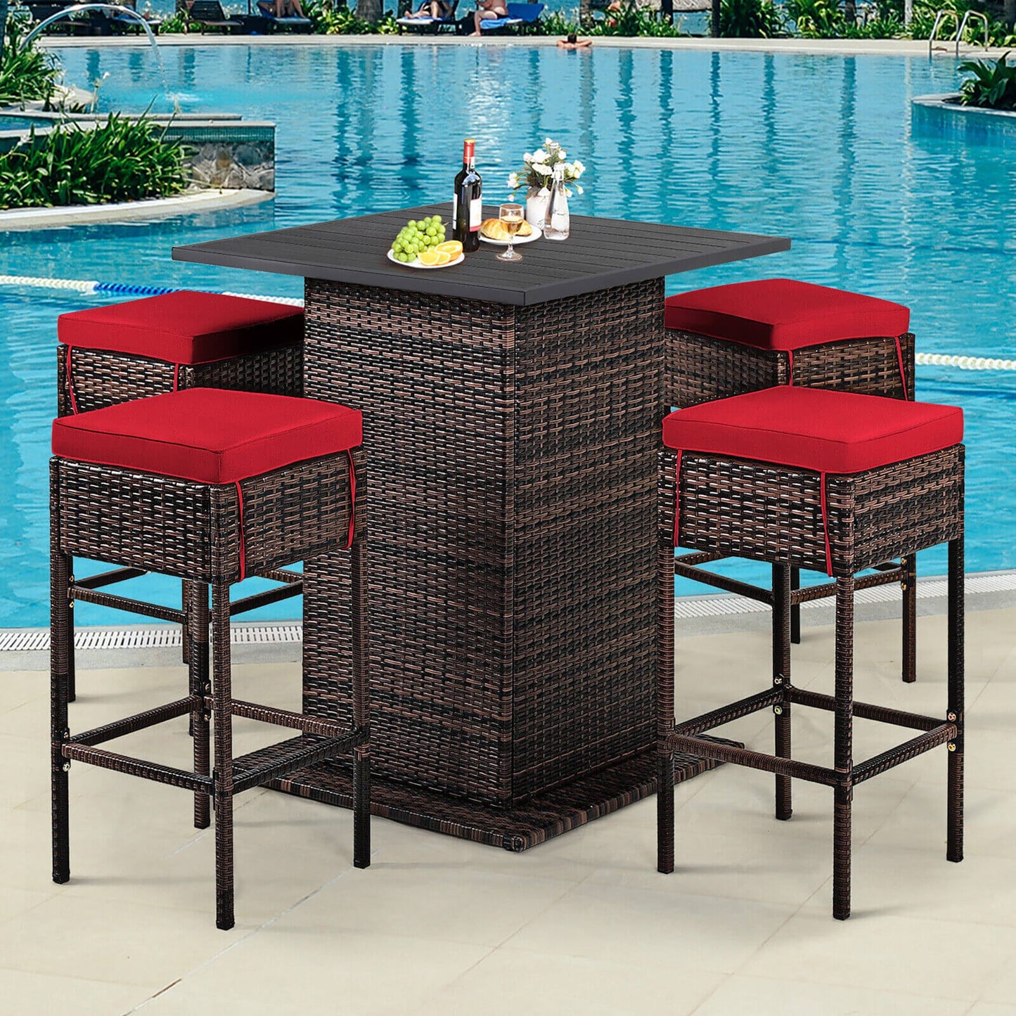 BABOOM Patio Bar Furniture 5 -Piece Brown Rattan Bar Height Patio Dining Set Rattan Square Table with 4 Red Cushions Stationary Chairs