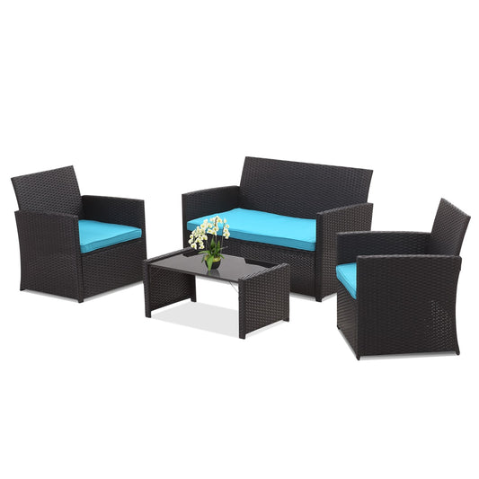 Ainfox Patio Conversation Sets 4-Piece Rattan Patio Conversation Set with Blue Cushions