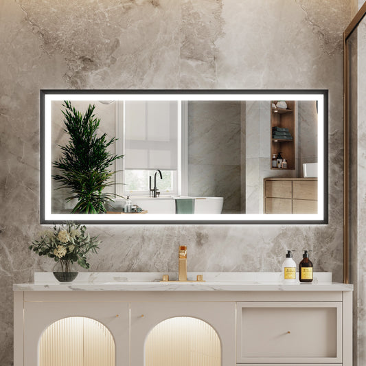 WELLFOR LUKY LED Framed Mirror 60-in x 28-in Framed Rectangle Dimmable LED Lighted Fog Free Bathroom Vanity Mirror ( Matte Black )