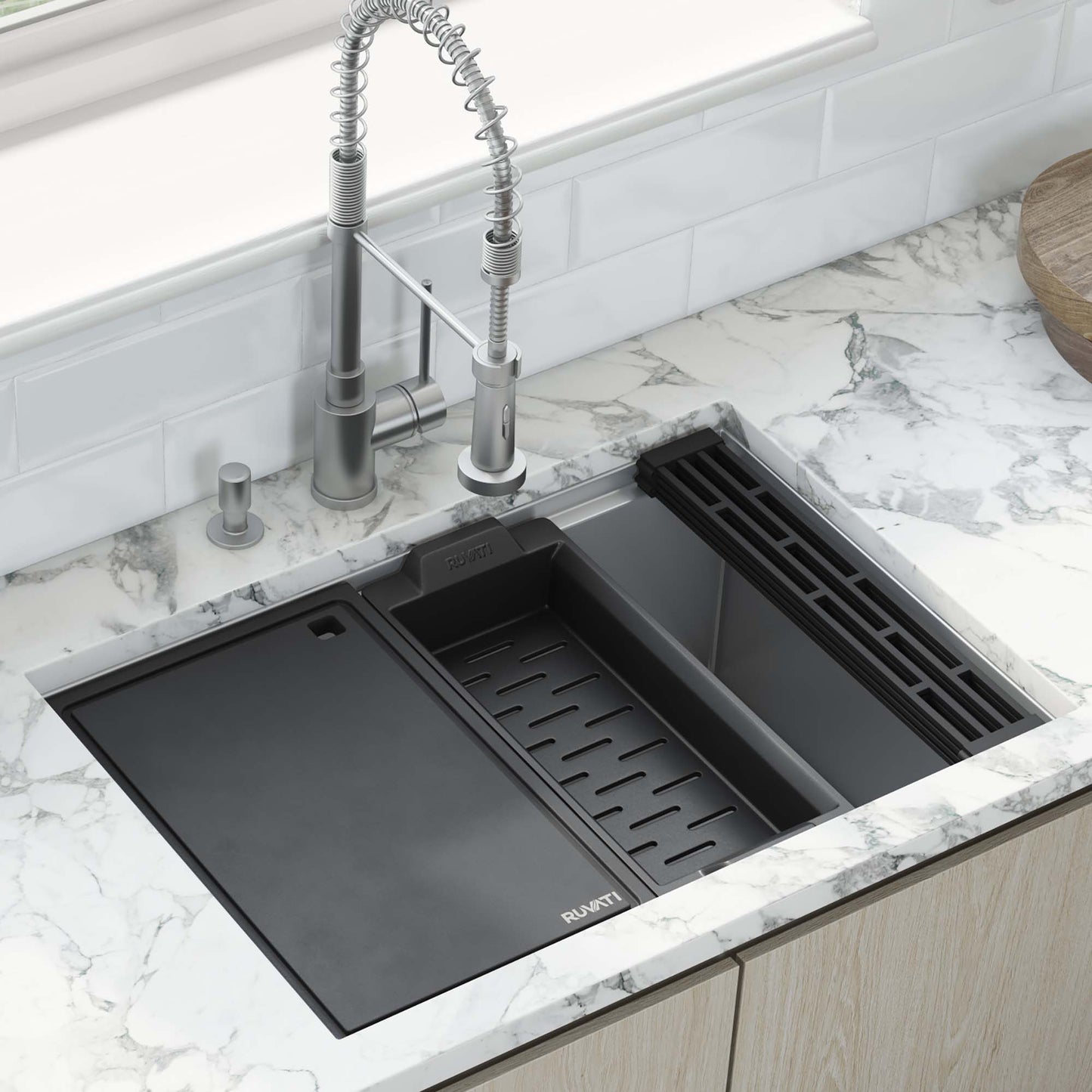 Ruvati Veniso Nova Undermount 27-in x 19-in Stainless steel Single bowl 16 -Gauge Workstation Kitchen Sink
