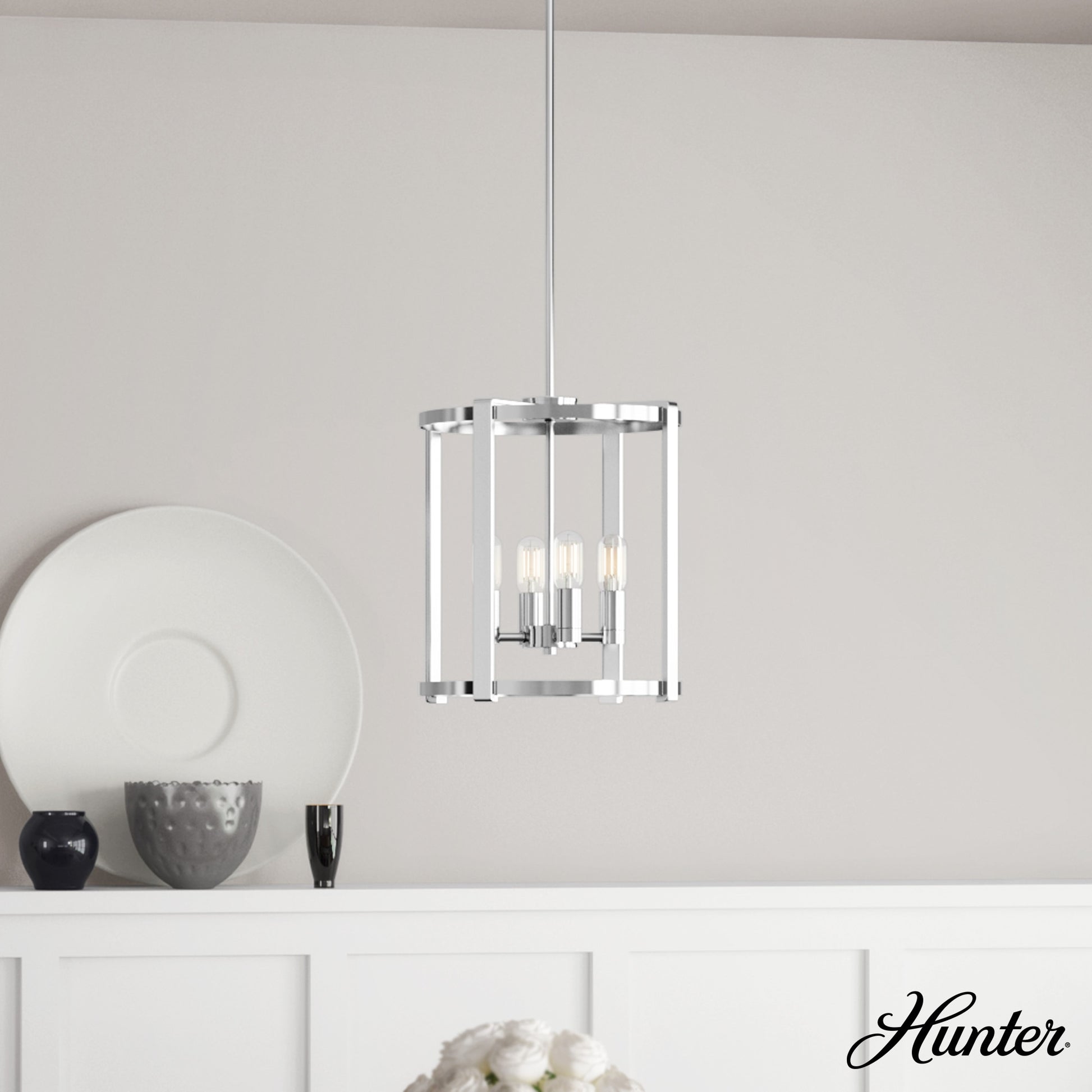 Hunter Astwood 4 -Light Polished Nickel Transitional For Use in Bedrooms, Dining Rooms, Foyers, Kitchens, Living Rooms Chandelier 1952869