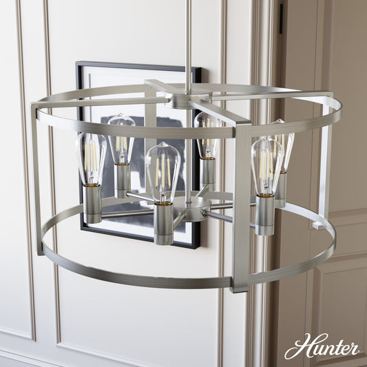 Hunter Astwood 6 -Light Brushed Nickel Modern/contemporary Bare bulb For Use in Bedrooms, Dining Rooms, Foyers, Kitchens, Living Rooms Chandelier 4963887