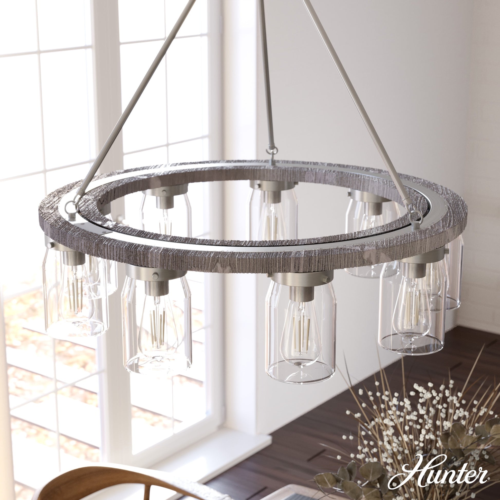 Hunter Devon Park 9 -Light Brushed Nickel Farmhouse Crystal For Use in Bedrooms, Dining Rooms, Foyers, Kitchens, Living Rooms Chandelier 5024452