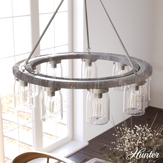 Hunter Devon Park 9 -Light Brushed Nickel Farmhouse Crystal For Use in Bedrooms, Dining Rooms, Foyers, Kitchens, Living Rooms Chandelier 5024452