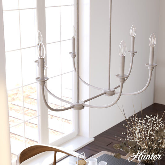 Hunter Southcrest 6 -Light Distressed White Transitional For Use in Bedrooms, Dining Rooms, Foyers, Kitchens, Living Rooms Chandelier