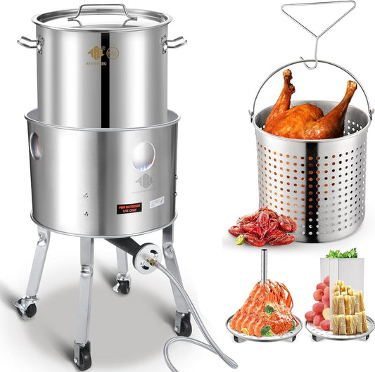 64QT Crawfish Boil Pot With Basket Kit, Stainless Steel Crab Boil Pot And Burner 20,0000BTU,Stainless Steel Crawfish Boil Pot and Burner for Outdoors Cooking and Steaming,All in One