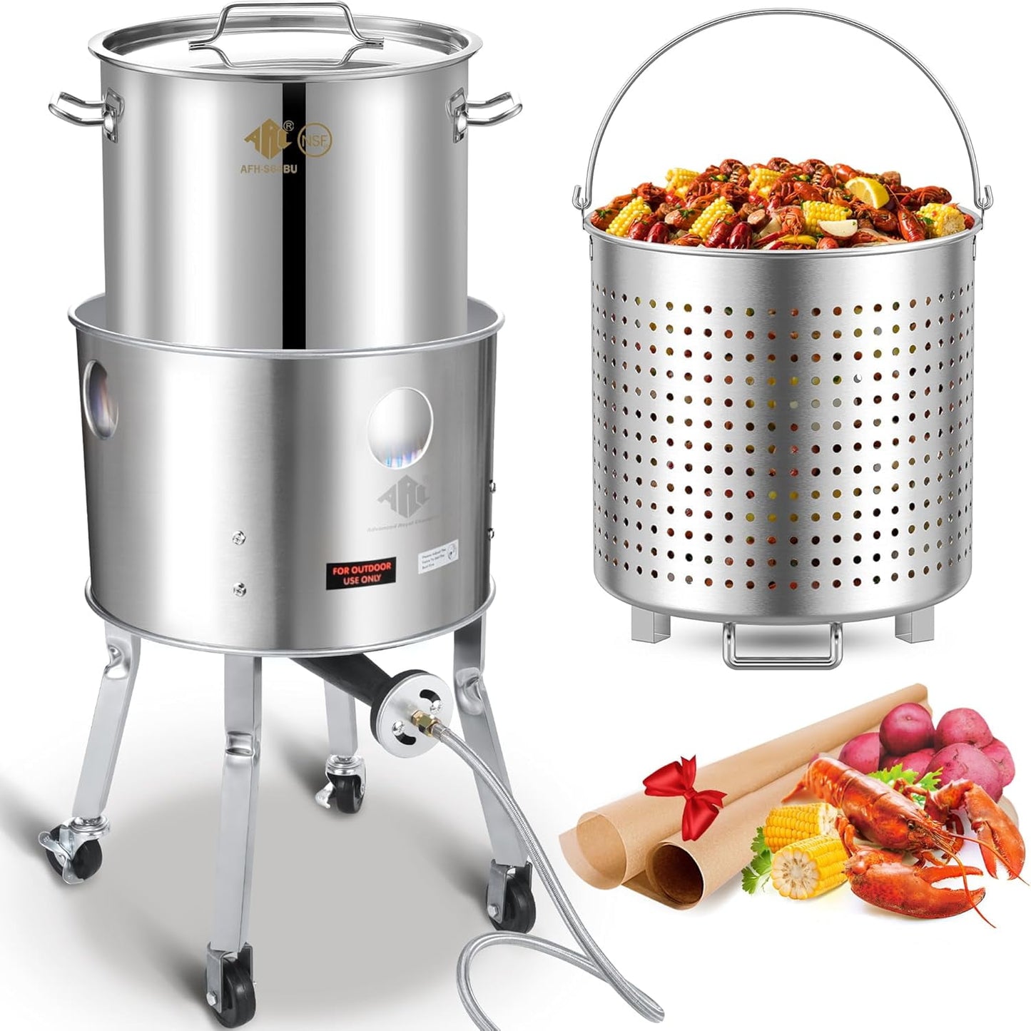 64QT Seafood Boiling Kit, 200,000BTU Stainless Steel Propane Burner And Crawfish Boil Pot With Strainer, Wheeled Legs and 360°Windscreen For Outdoors Cooking and Steaming, Large Turkey Fryer Pot