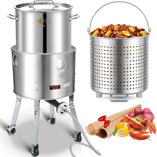 64QT Seafood Boiling Kit, 200,000BTU Stainless Steel Propane Burner And Crawfish Boil Pot With Strainer, Wheeled Legs and 360°Windscreen For Outdoors Cooking and Steaming, Large Turkey Fryer Pot
