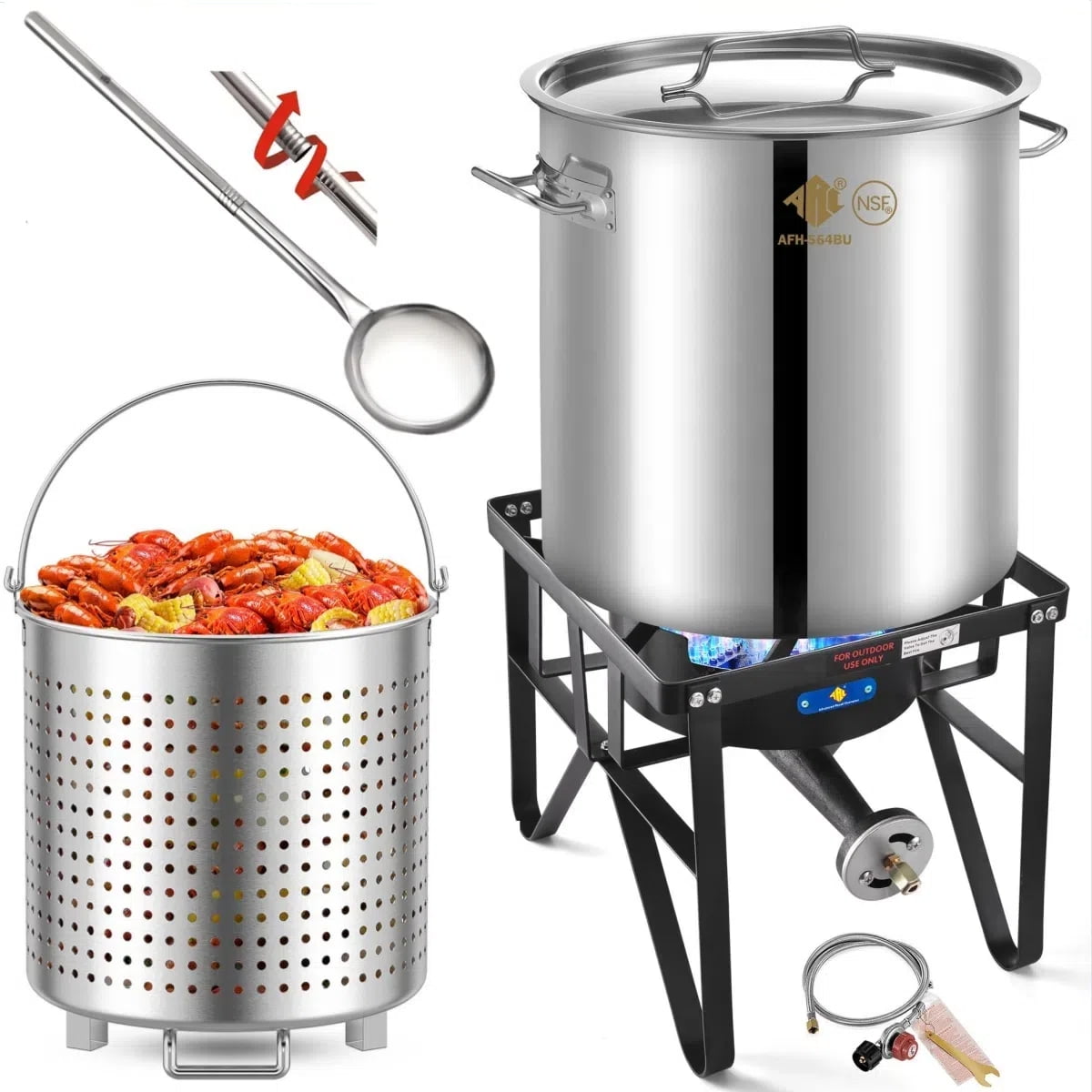 64QT Stainless Steel Seafood Boil Pot with 200,000BTU Propane Burner and 36'' Large Spoon, Heavy Duty Propane Burner For Outdoor Cooking Turkey Fryer, Crawfish Boil, Homebrewing