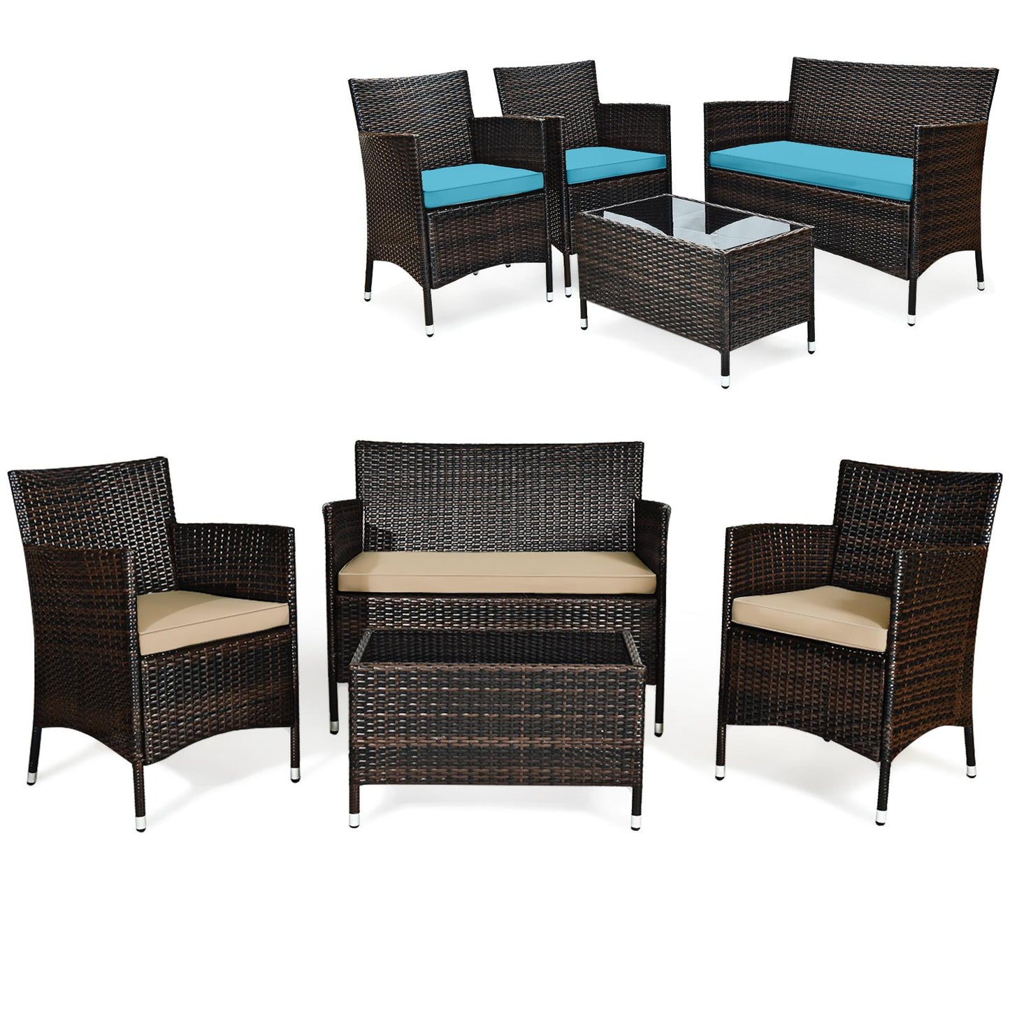 BABOOM 4-Piece Rattan Patio Conversation Set with Off-white Cushions